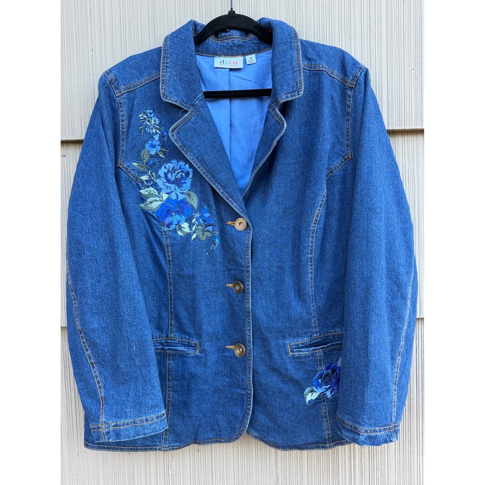 Denim & Co Blue Floral Embroidered Denim Blazer Jacket Womens 1X Plus Size